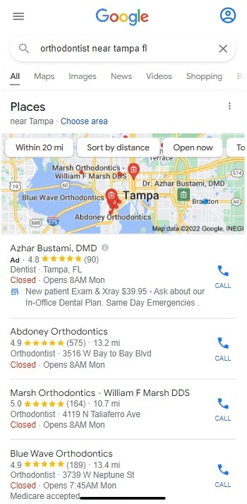 The page gives you a business’ essential location and contact information, plus links, reviews, opening hours, and reviews. Visitors can click to get directions, call from their phone, or save or share your page. And you can use it to post news, updates, or promotions. And you can promote your GBP using Google Ads to get your profile placed above the competitors in your market. Why is a Google Business Profile important for Orthodontists? Google Business Profile is the secret to dominating the local search portion of orthodontics marketing. And here's why… Imagine it is Tuesday afternoon, and your ideal client opens up Google Maps and searches for "orthodontist near me." Something like this will pop up: